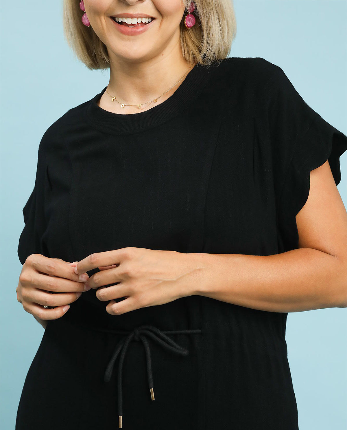 Umgee Linen Drawstring Waist Solid Dress Black