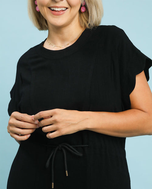 Umgee Linen Drawstring Waist Solid Dress Black