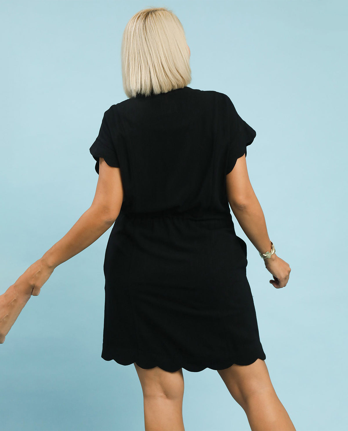 Umgee Linen Drawstring Waist Solid Dress Black