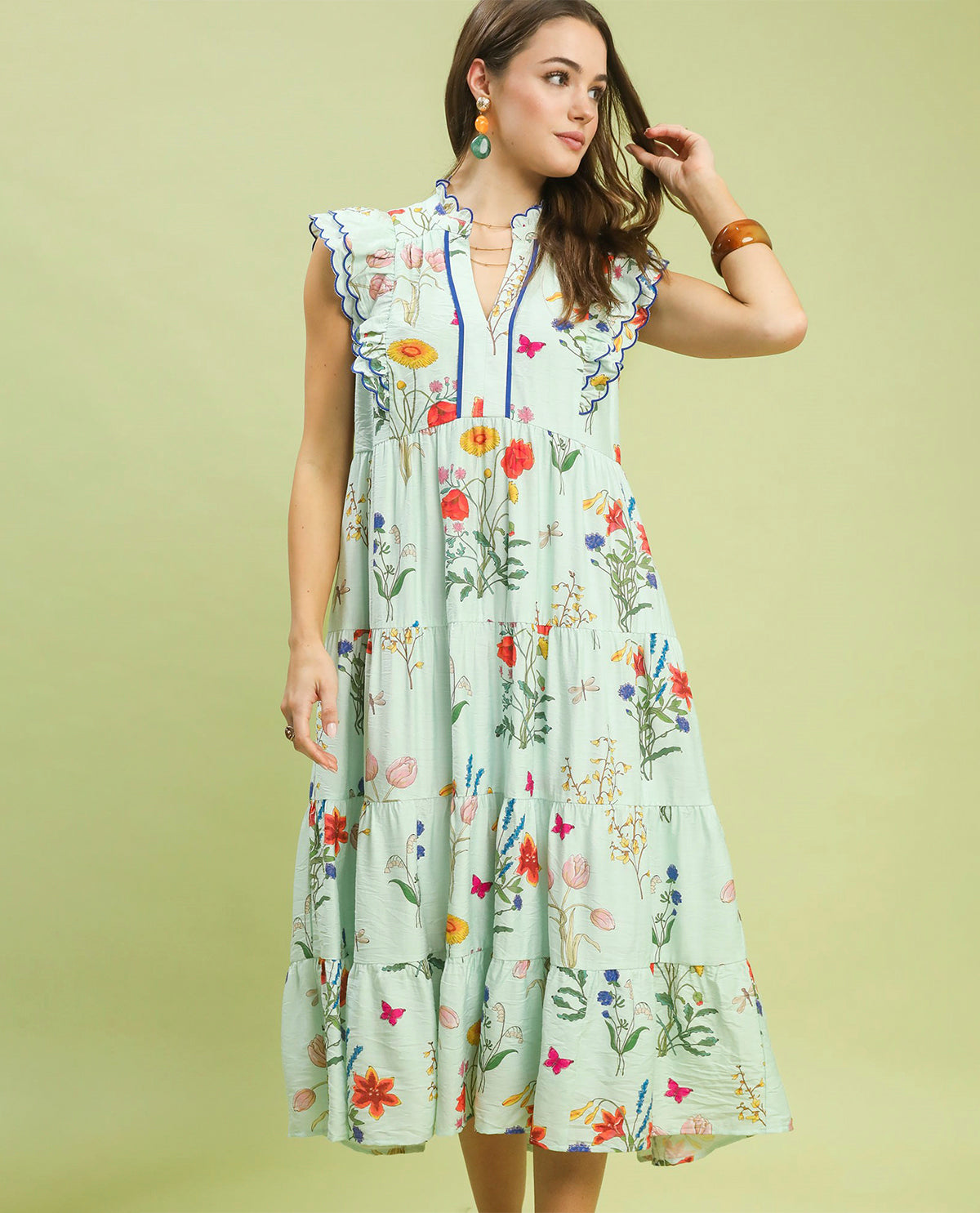 Umgee Printed Tiered Dress With Scallop Trim Ice Mint