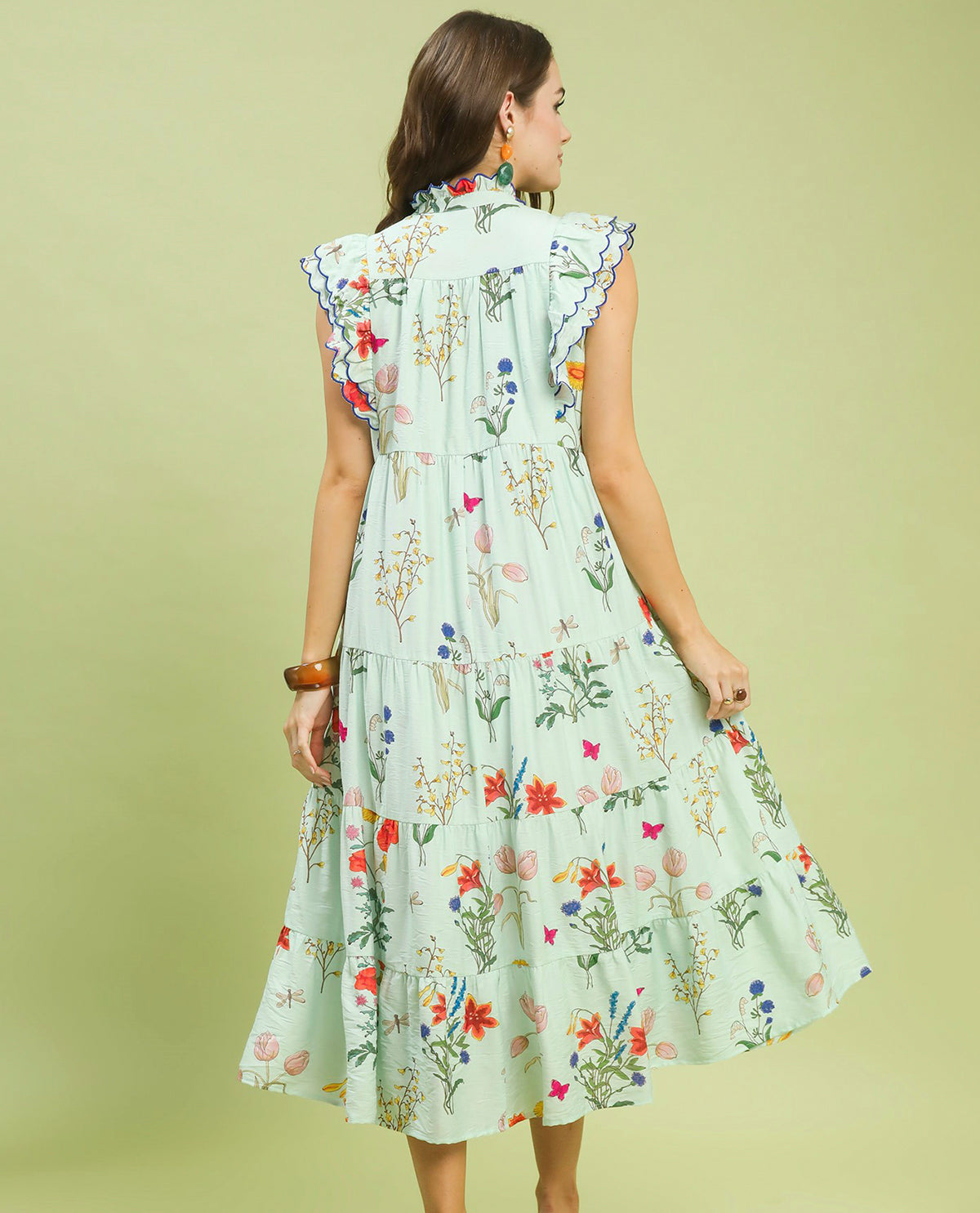 Umgee Printed Tiered Dress With Scallop Trim Ice Mint