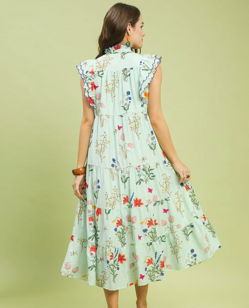 Umgee Printed Tiered Dress With Scallop Trim Ice Mint
