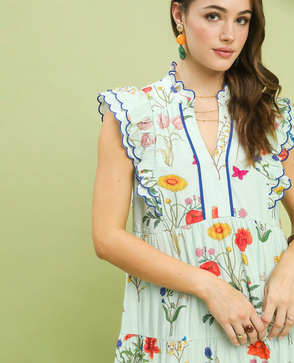 Umgee Printed Tiered Dress With Scallop Trim Ice Mint