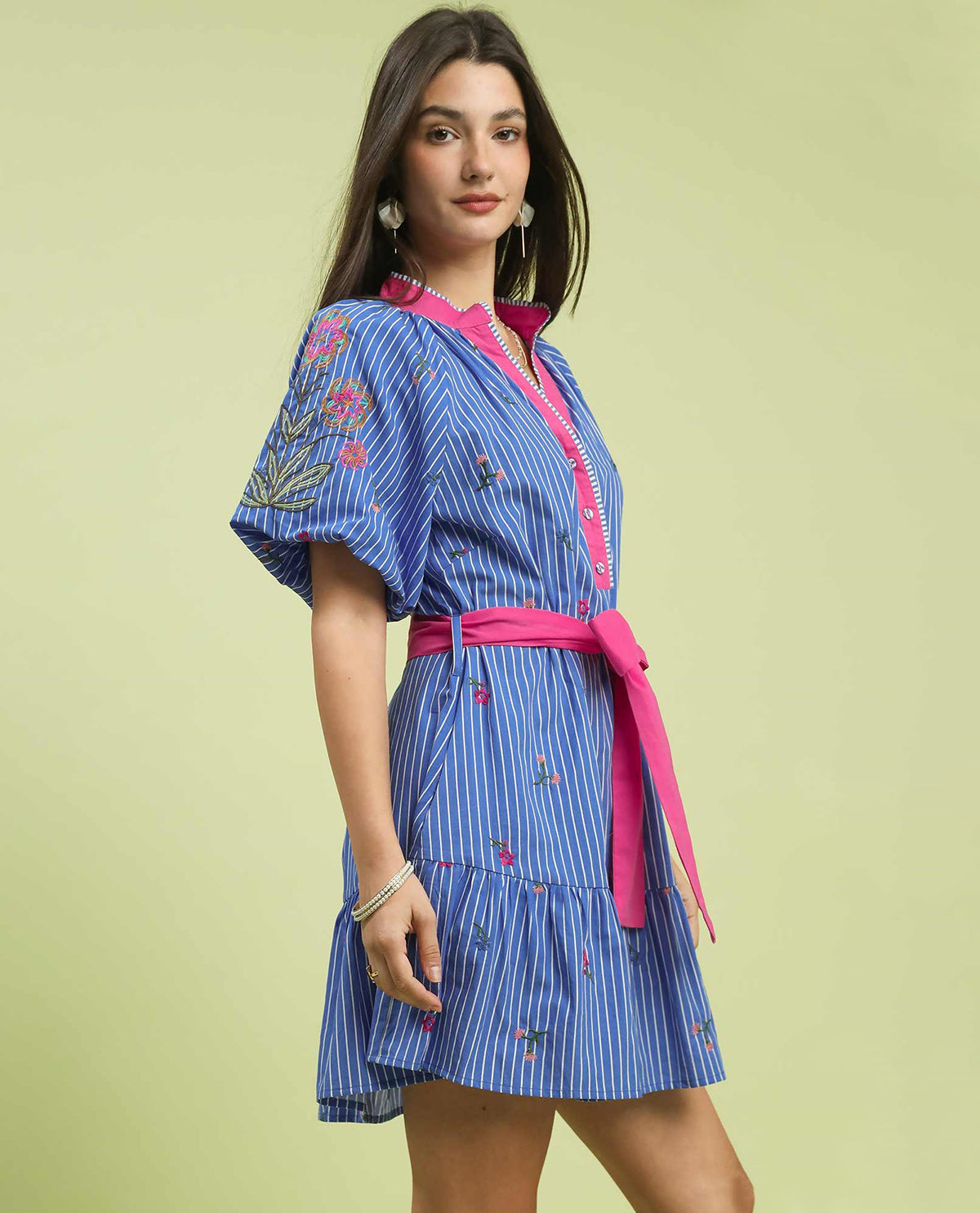 Umgee V-Neck Embroidered Stripe Dress Blue