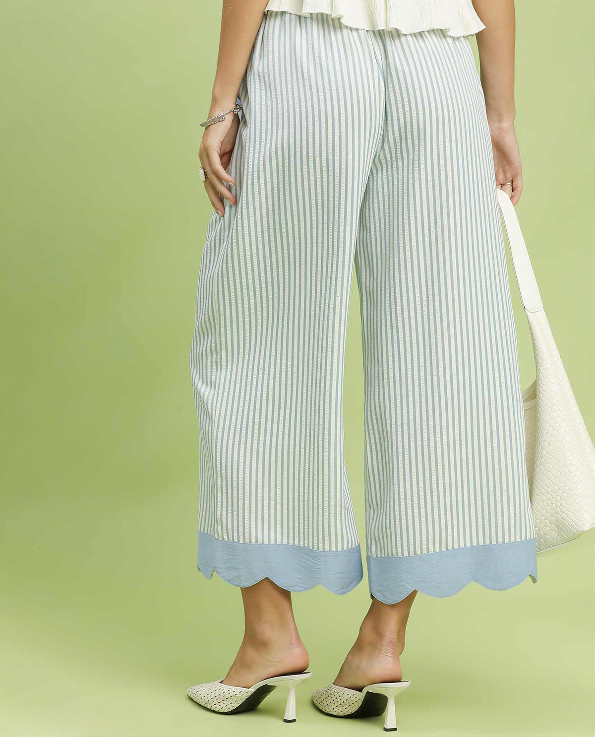 Umgee Stripe Crop Pants With Scallop Trim Sky Blue