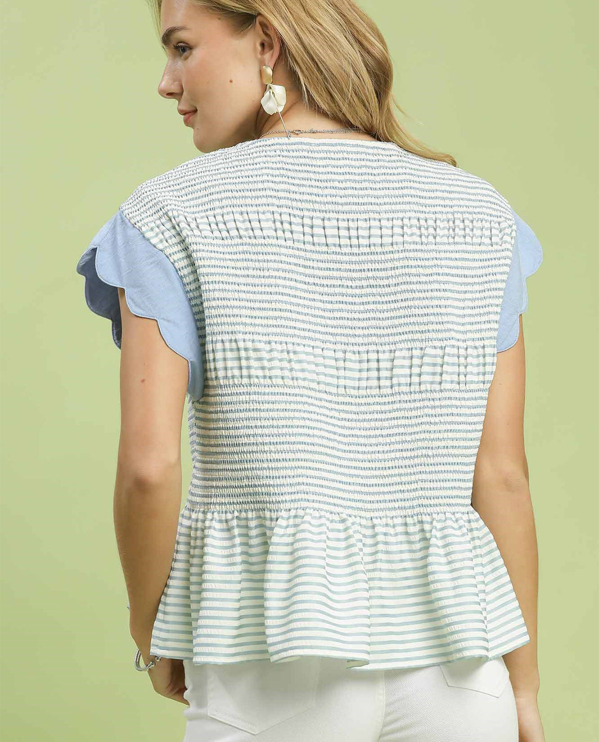 Umgee Cap Sleeve Stripe Smocked Top Sky Blue