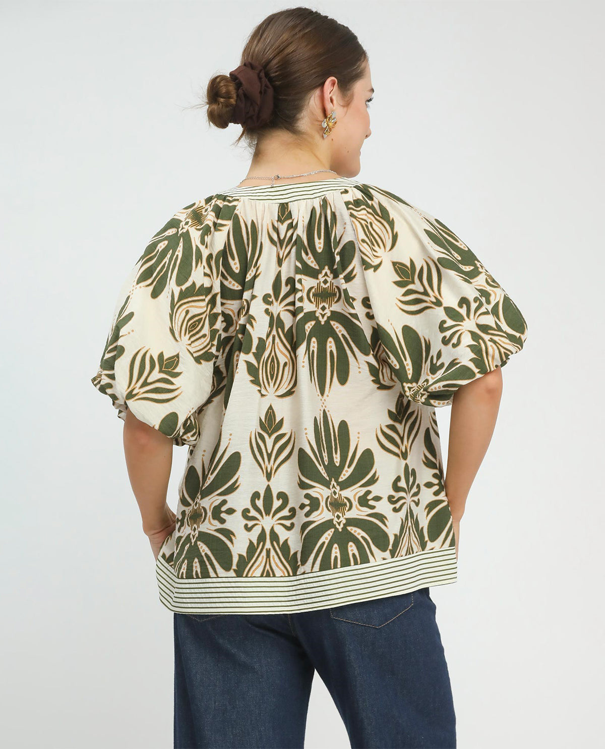 Umgee Mixed Print Puff Sleeve Top Green