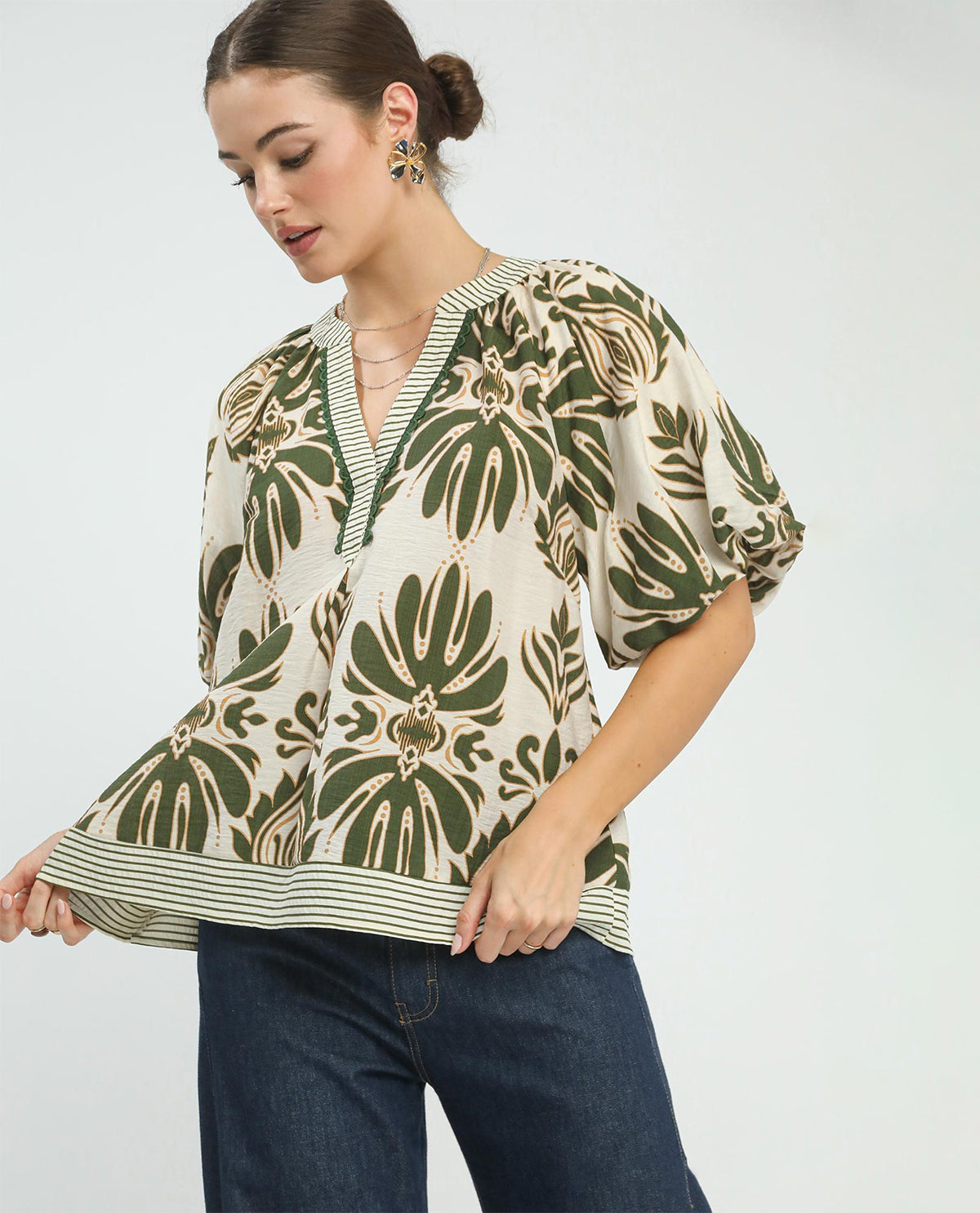 Umgee Mixed Print Puff Sleeve Top Green