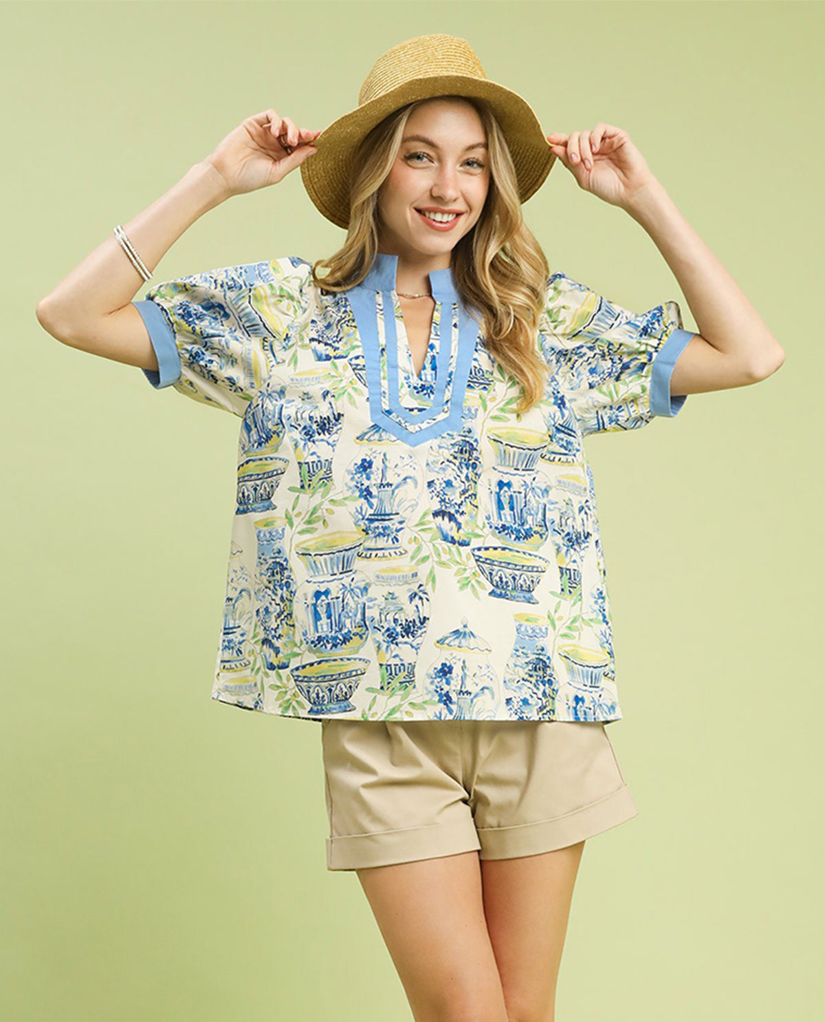 Umgee Print V-Neck Top with Contrast Trim Blue Mix