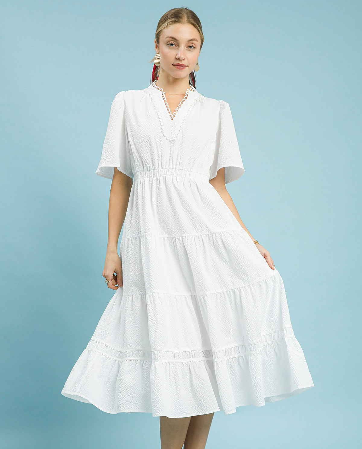 Umgee Solid Seersucker Dress Off White