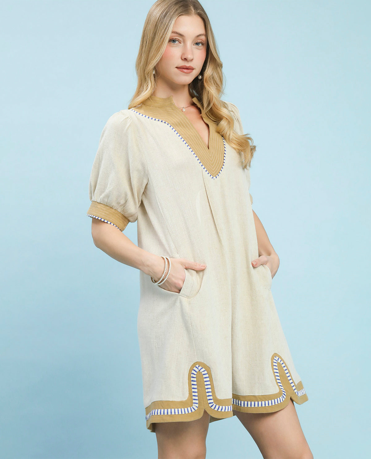 Umgee Linen Contrast Trim Midi Dress