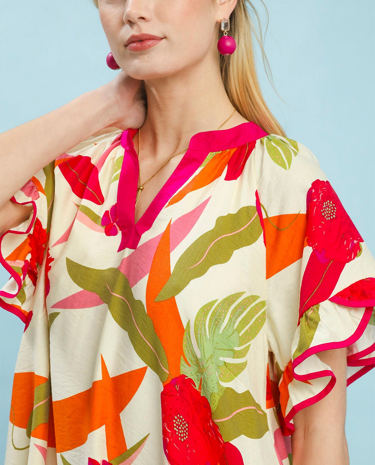 Umgee Printed V-Neck Dress Cream Mix