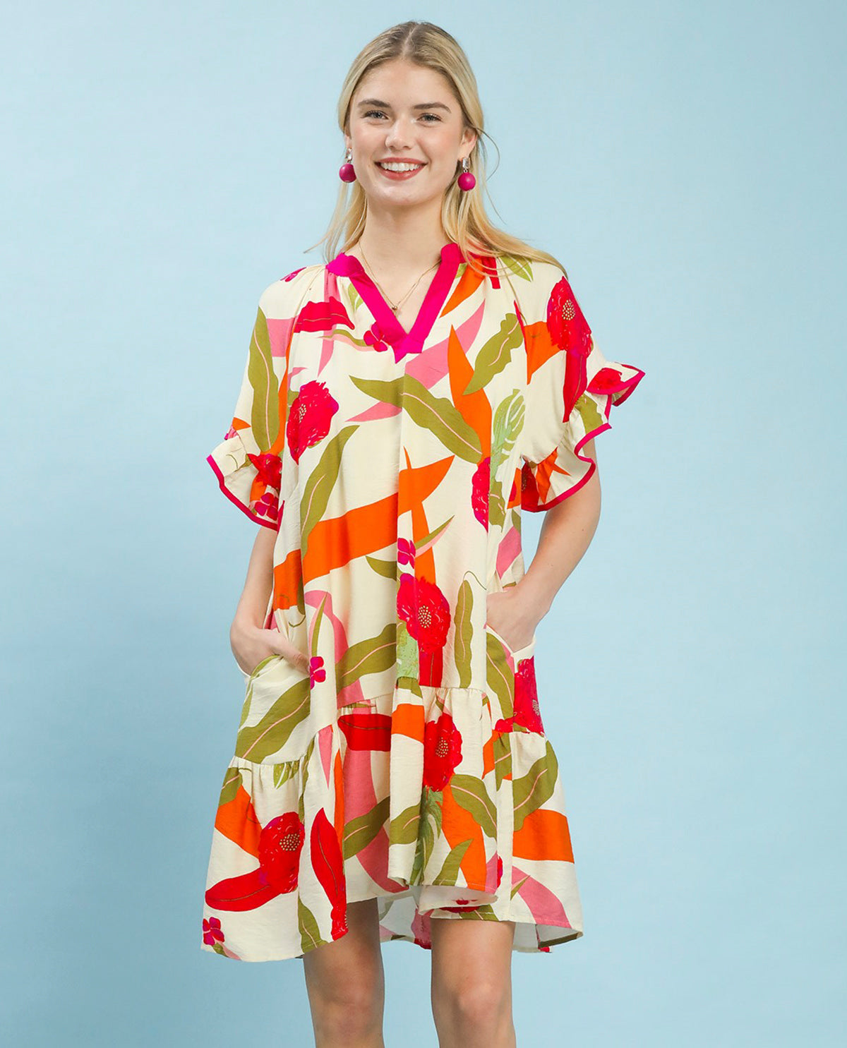 Umgee Printed V-Neck Dress Cream Mix