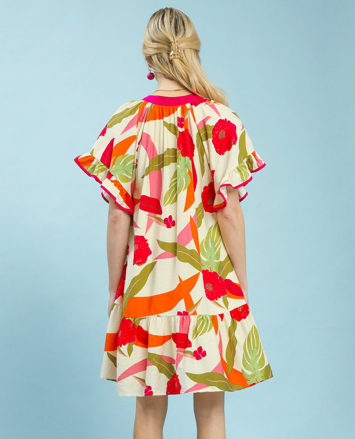 Umgee Printed V-Neck Dress Cream Mix