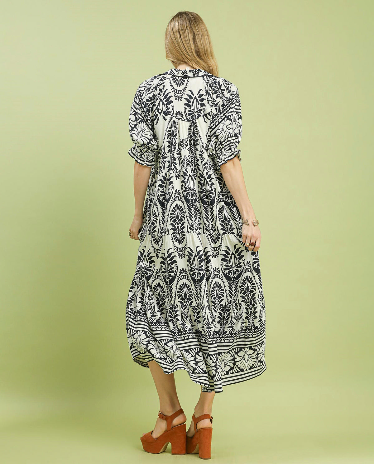 Umgee Two Tone Border Print Dress Cream
