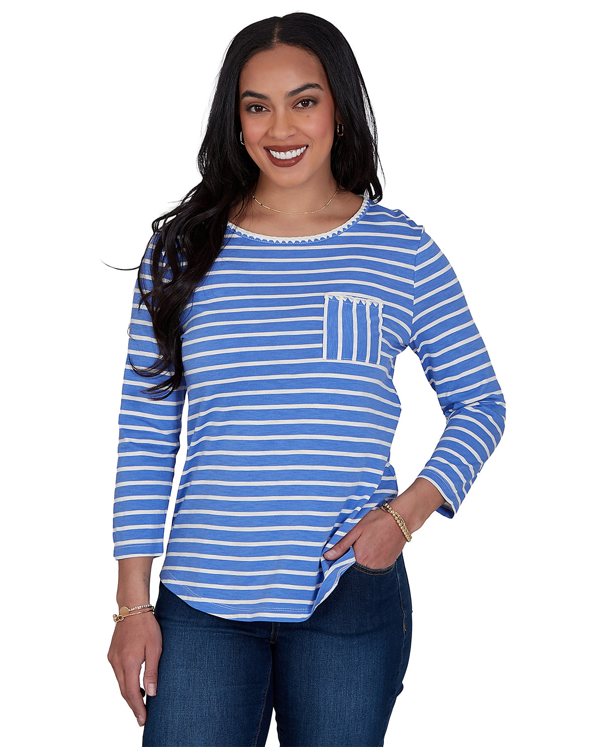 Woman wearing a blue and white striped long-sleeve shirt on a white background
