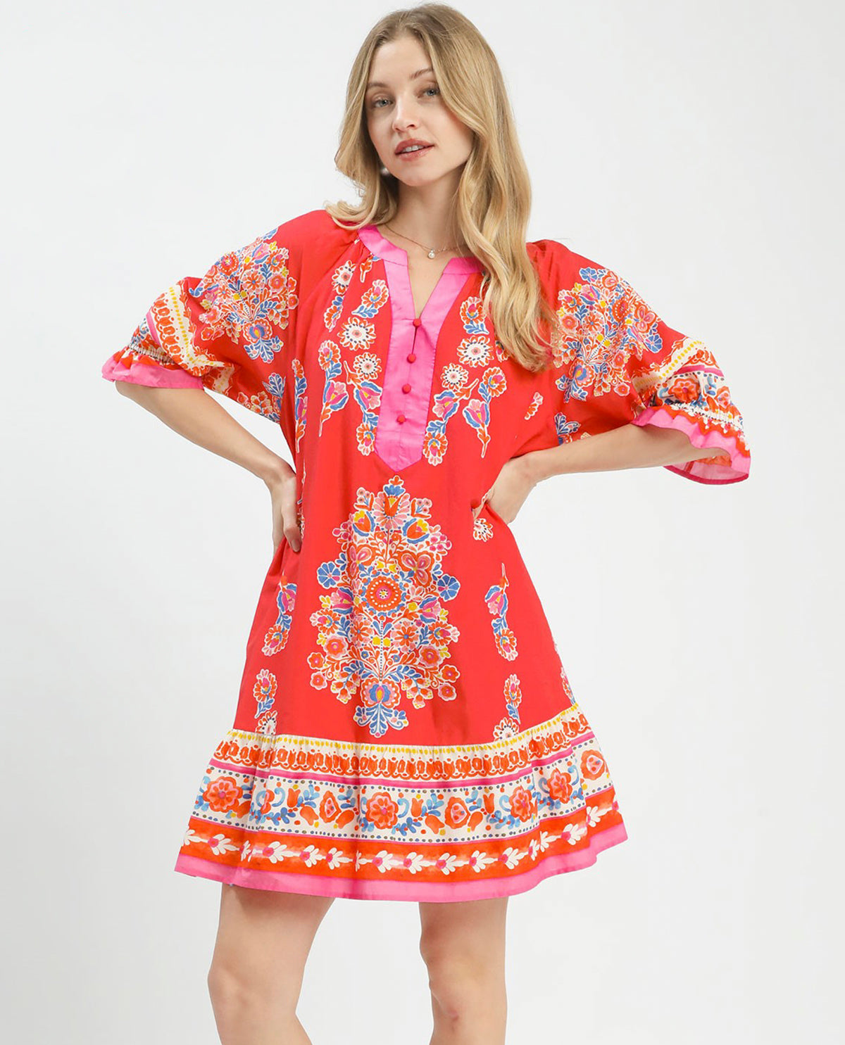 Umgee Printed Henley Tiered Dress Tea Berry