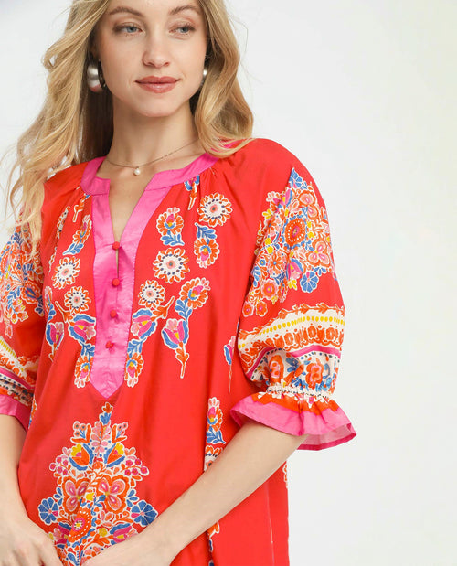 Umgee Printed Henley Tiered Dress Tea Berry