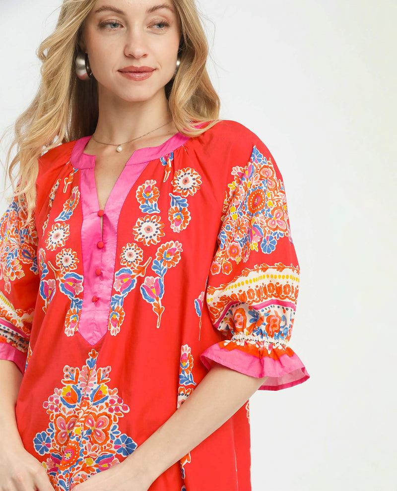 Umgee Printed Henley Tiered Dress Tea Berry