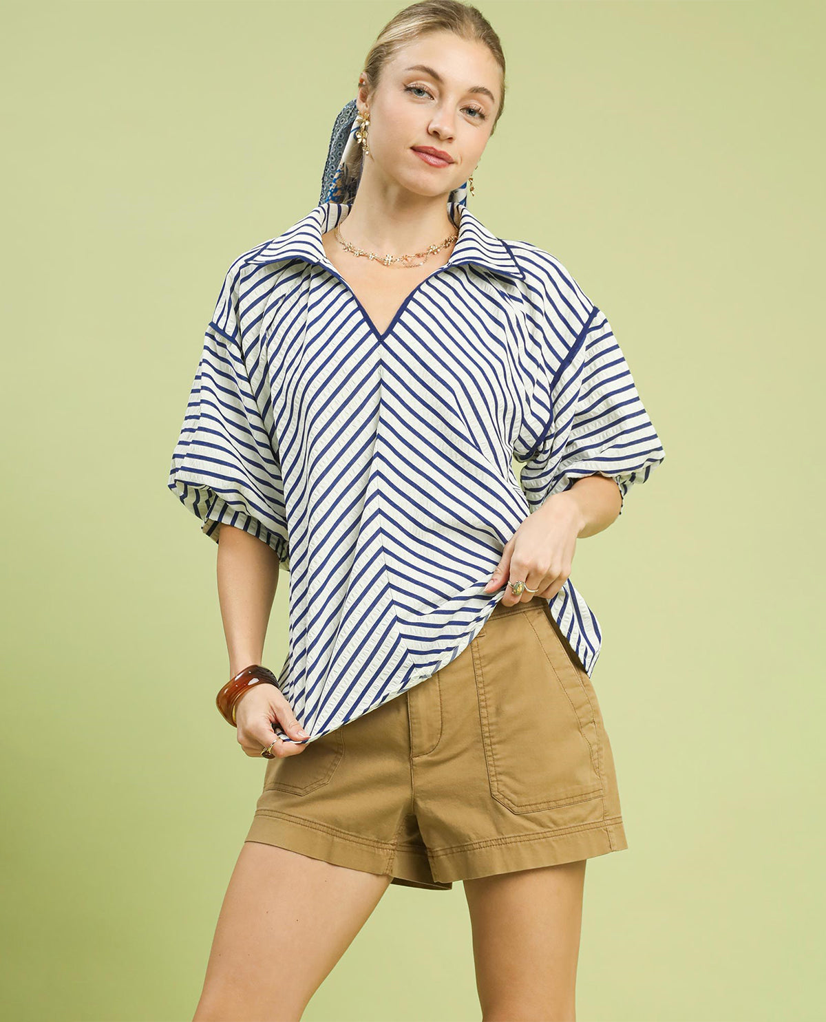 Umgee Open Collar Stripe Top Navy