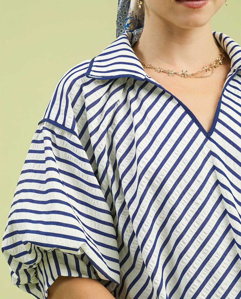 Umgee Open Collar Stripe Top Navy