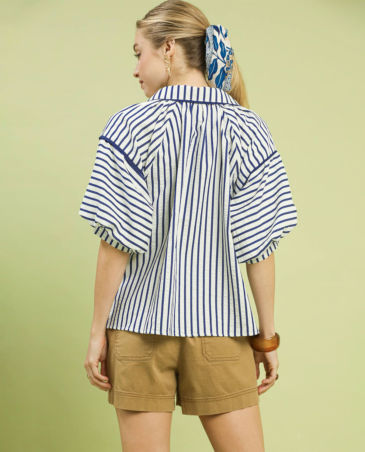 Umgee Open Collar Stripe Top Navy
