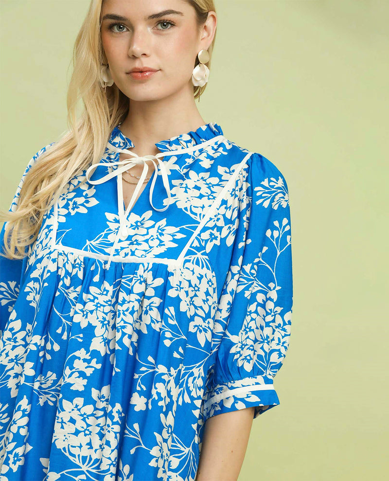 Umgee Print V-Neck Babydoll Dress Cerulean