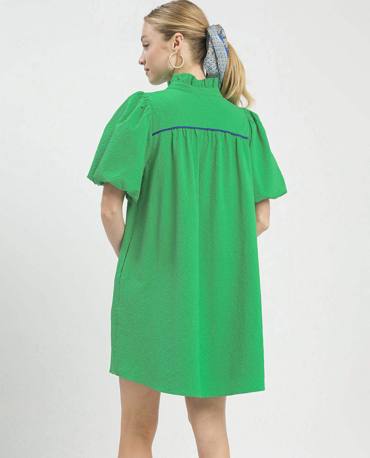 Umgee Bubble Sleeve Solid Seersucker Dress