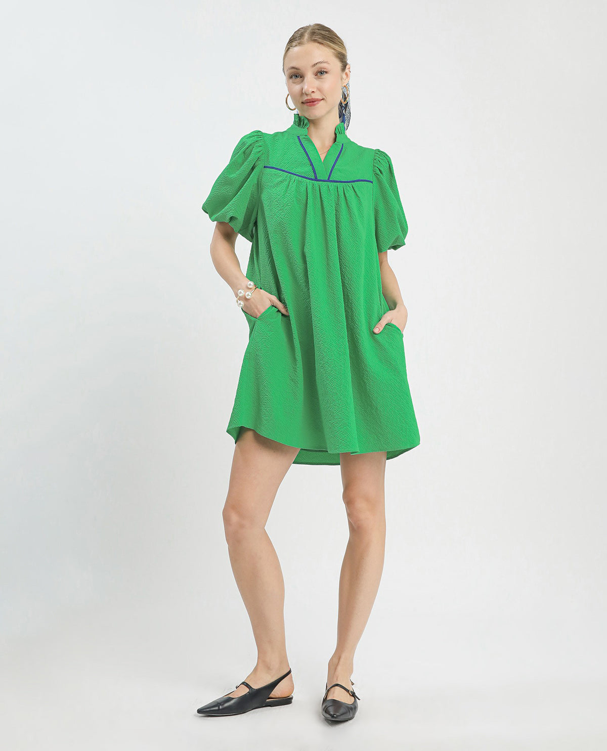 Umgee Bubble Sleeve Solid Seersucker Dress