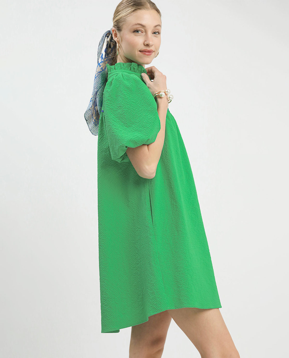 Umgee Bubble Sleeve Solid Seersucker Dress