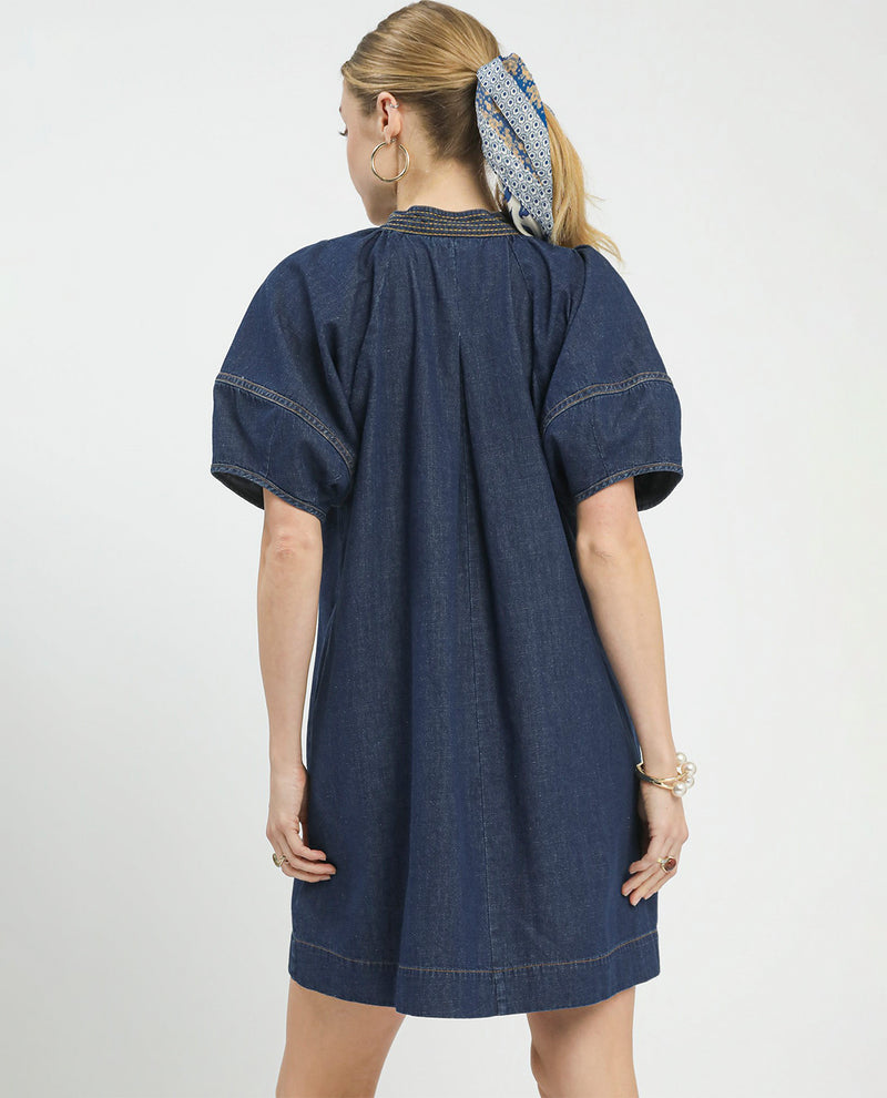 Umgee Solid V-Neck Denim Dress