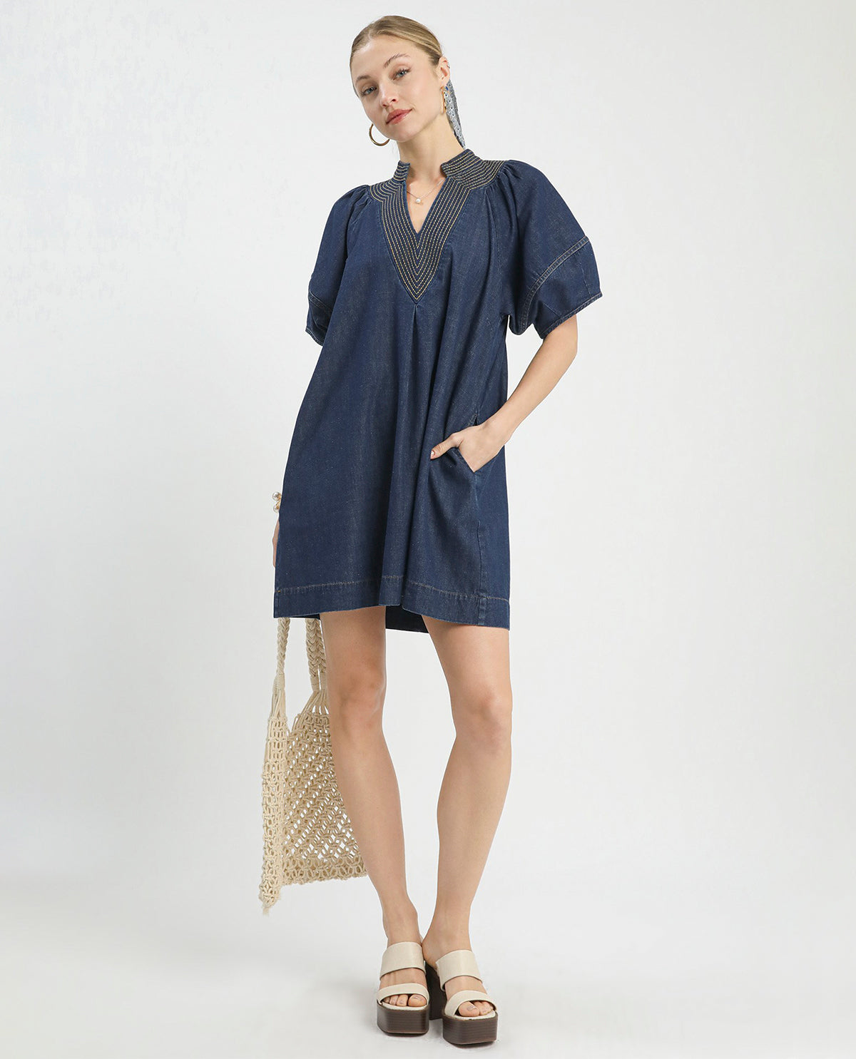 Umgee Solid V-Neck Denim Dress