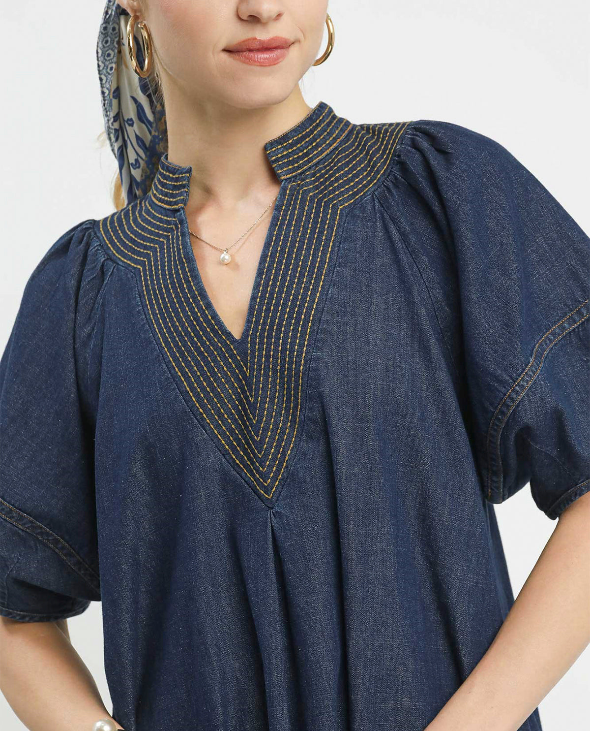 Umgee Solid V-Neck Denim Dress