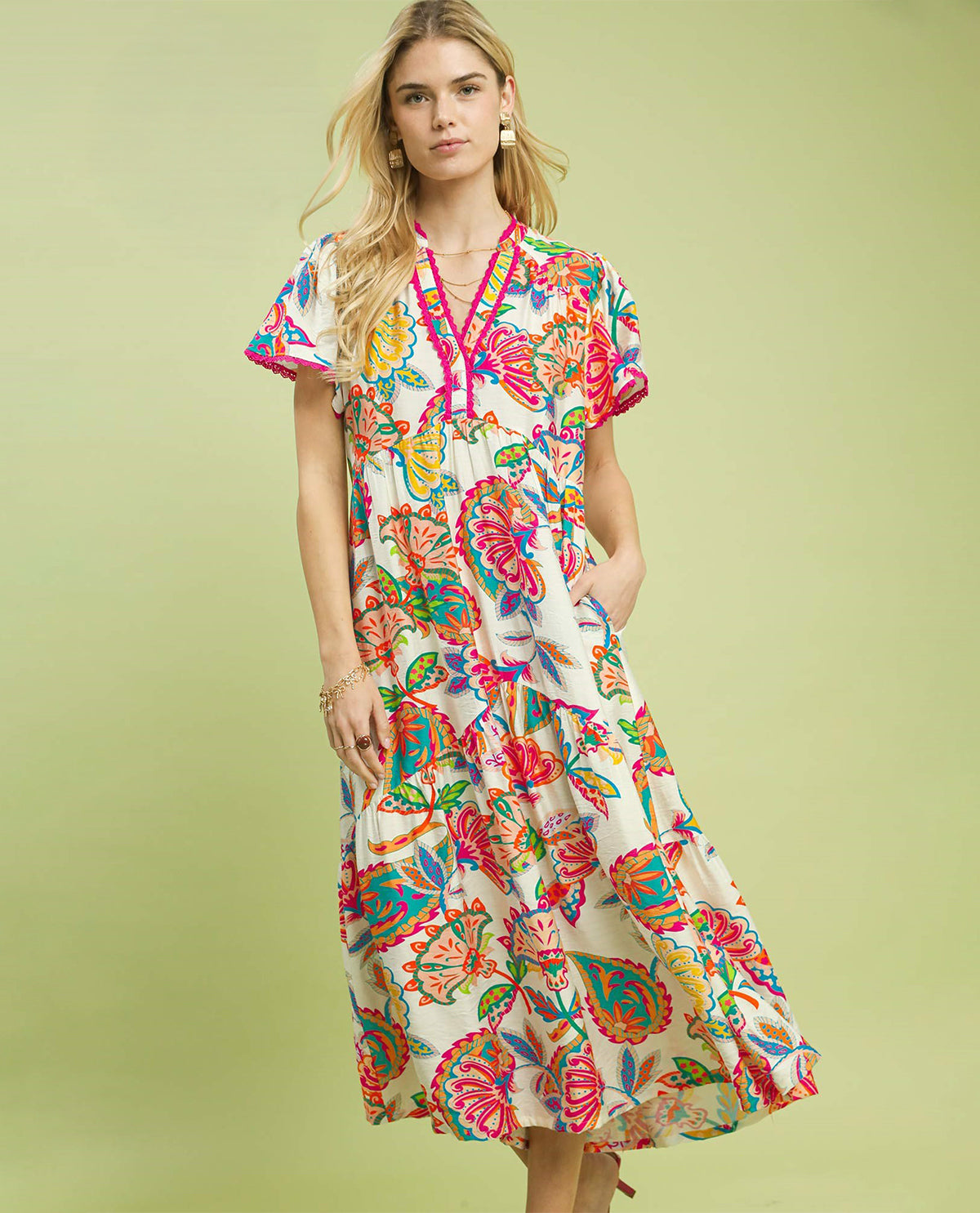 Umgee Boho Floral Tiered Dress Cream