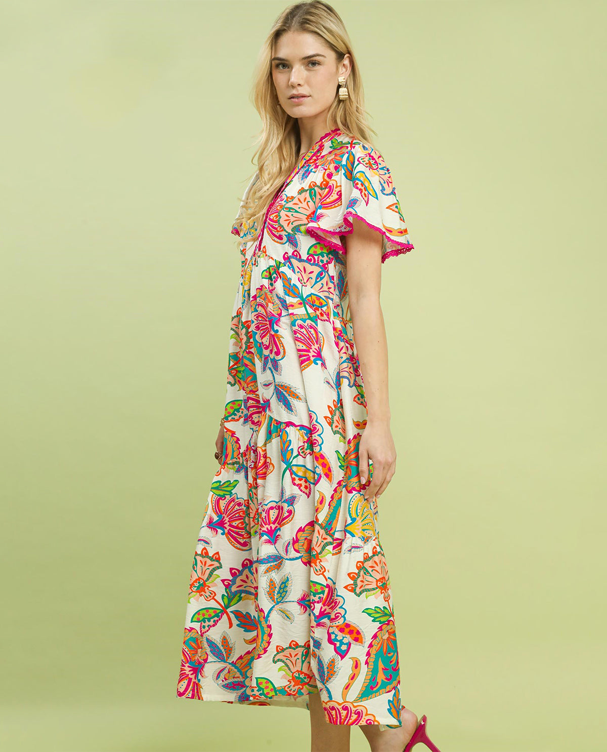 Umgee Boho Floral Tiered Dress Cream