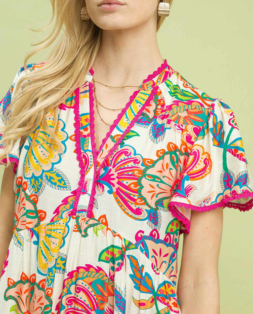 Umgee Boho Floral Tiered Dress Cream