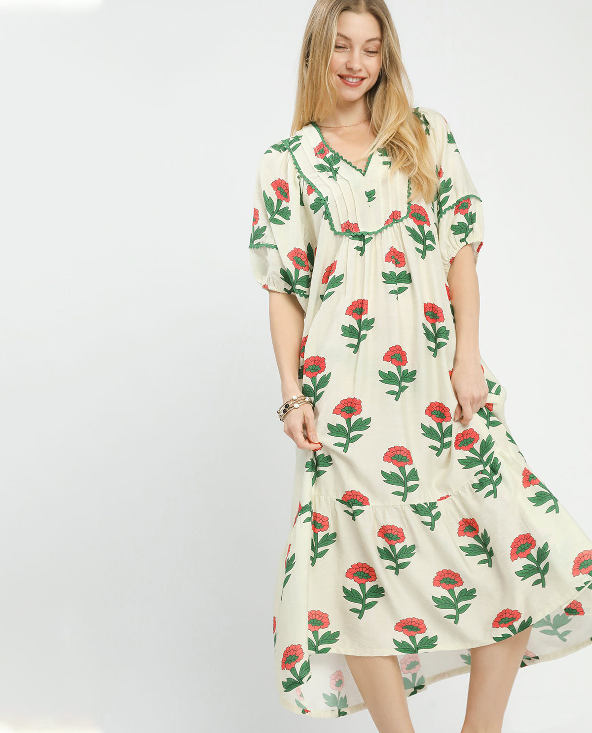 Umgee Print V-Neck Long Dress