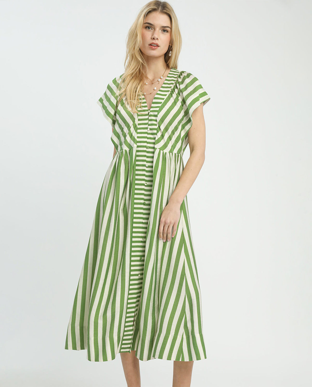 Umgee Stripe Button Front Dress Green