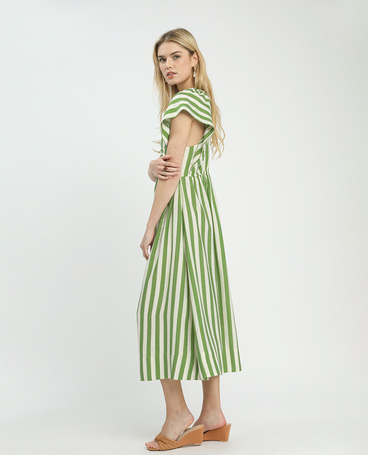 Umgee Stripe Button Front Dress Green