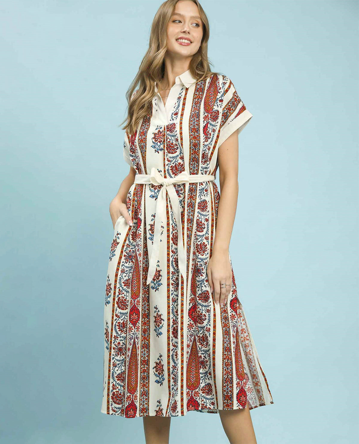 Umgee Mix Media Tie Waist Dress Cream Mix