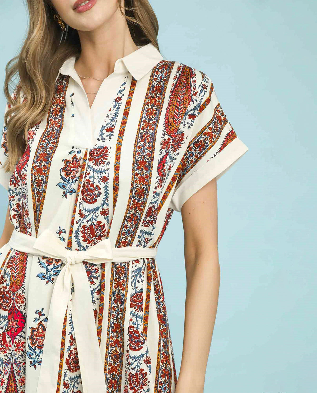 Umgee Mix Media Tie Waist Dress Cream Mix