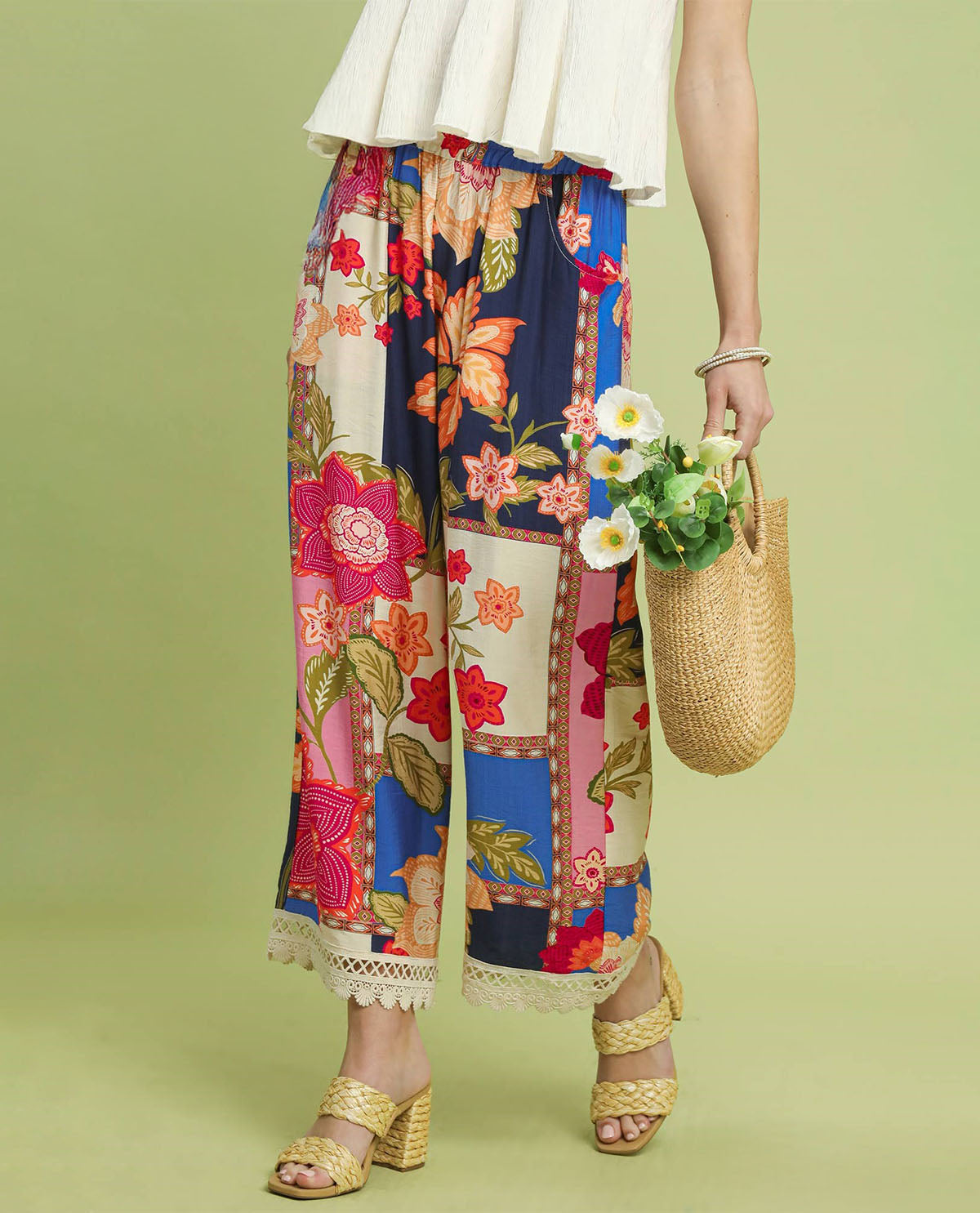 Umgee Patchwork Print Pants Blue Mix
