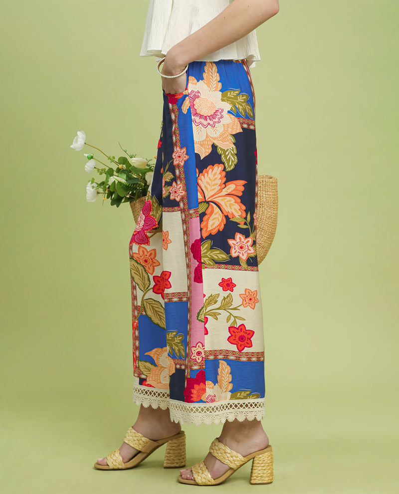 Umgee Patchwork Print Pants Blue Mix