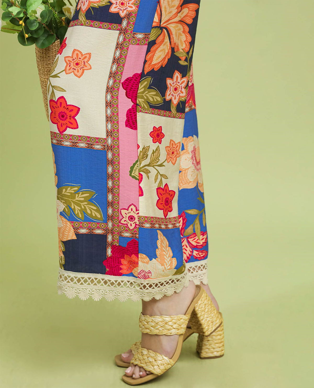 Umgee Patchwork Print Pants Blue Mix