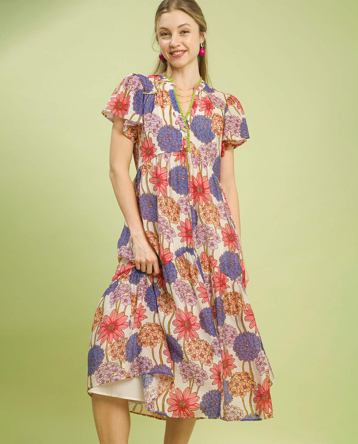 Umgee Floral Button Front Dress Pink