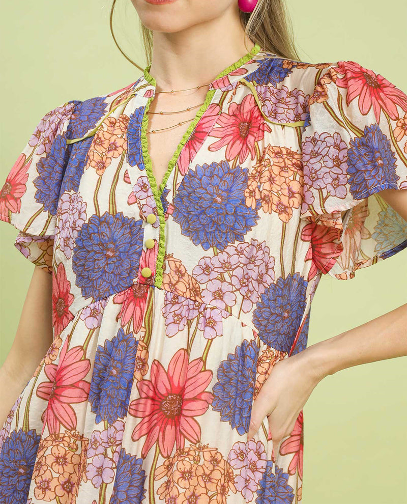 Umgee Floral Button Front Dress Pink