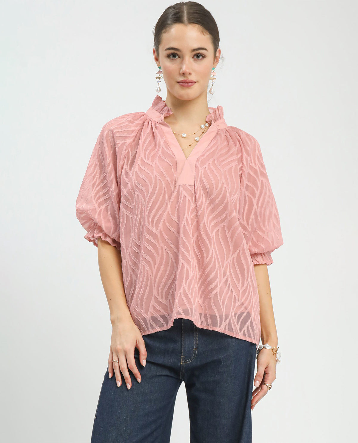 Umgee Frilled V-Neck Top Blush