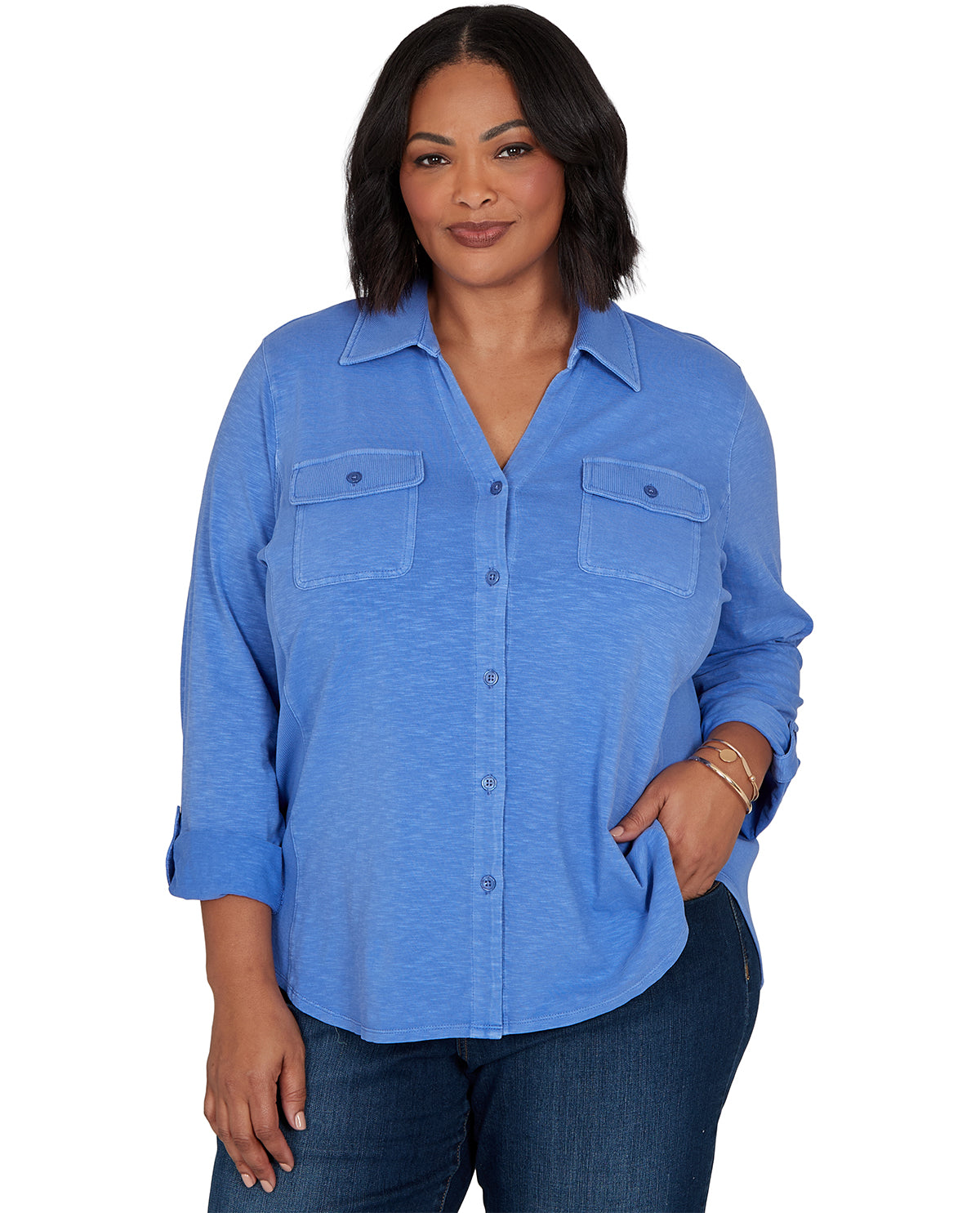 Woman wearing a blue shirt on a white background
