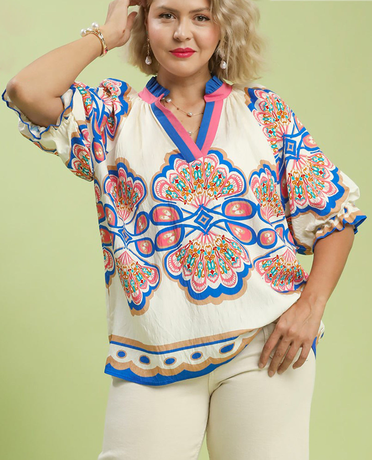 Umgee Bubble Sleeve Print V-Neck Top Ecru