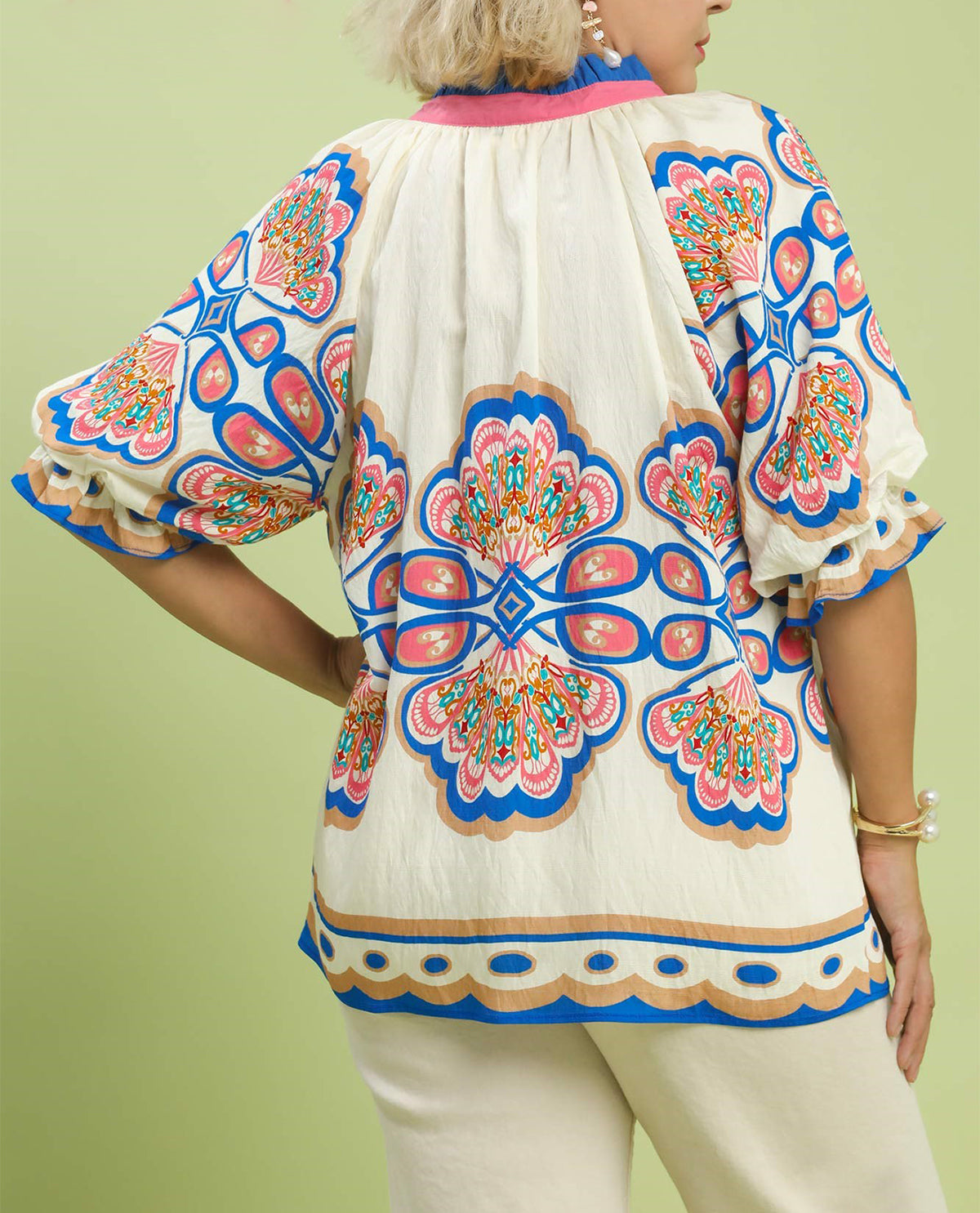 Umgee Bubble Sleeve Print V-Neck Top Ecru
